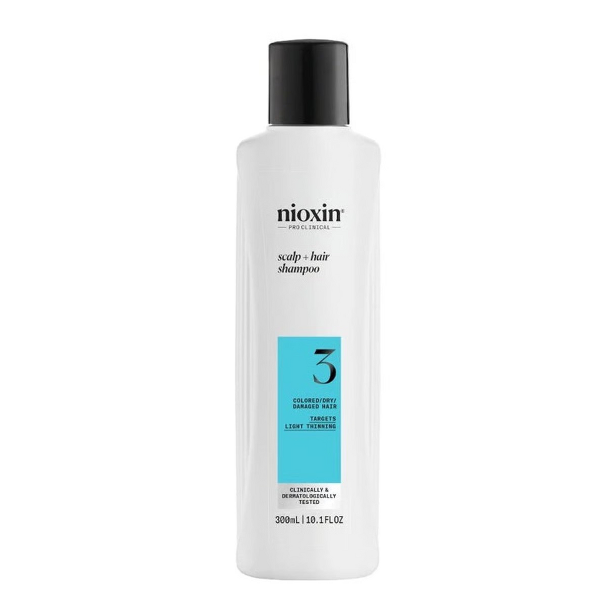 A white bottle of Nioxin Scalp & Hair Shampoo with a black cap and a light blue label accent, shown on a plain white background.